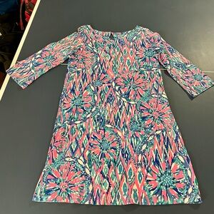 Lilly Pulitzer Tiki Pink Shake It Up Bay Dress 3/4 Sleeves Boat Neckline. Lg